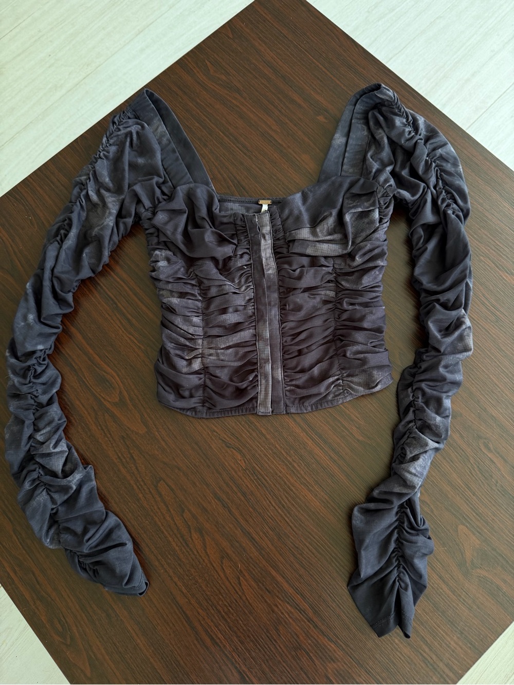 Free People Charcoal Ruched Long-Sleeve Zip Front Top